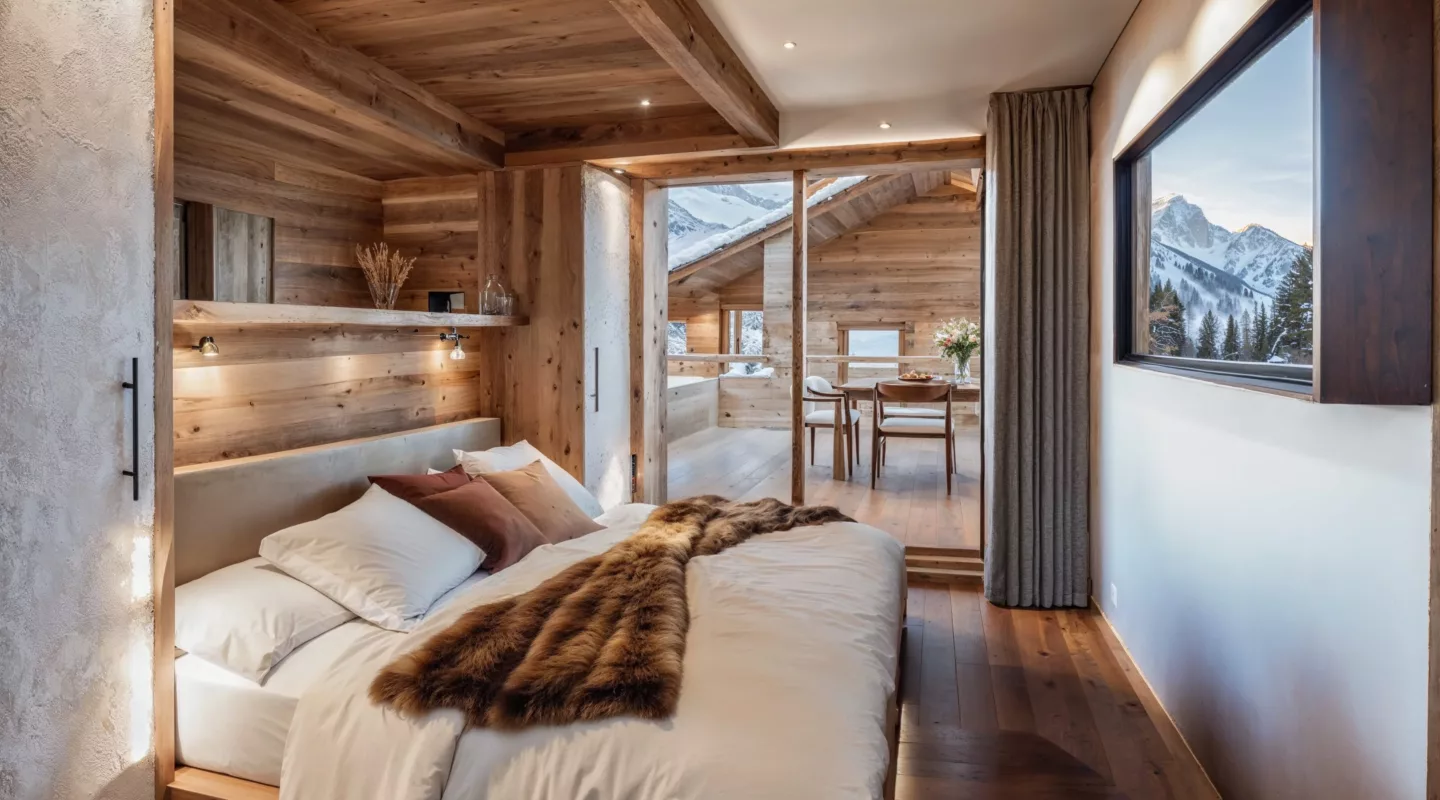 Chambre cosy avec literie luxueuse et vue sur l'extérieur enneigé.